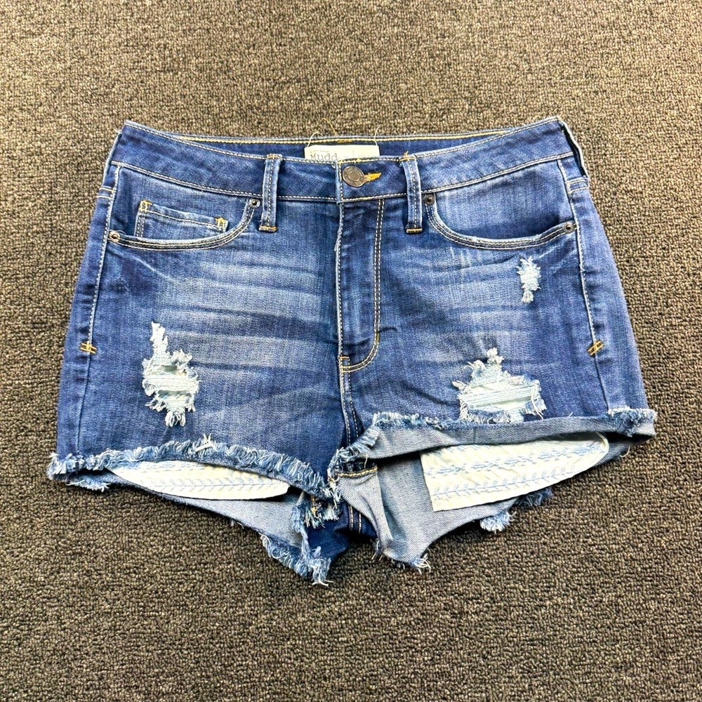 Mudd High Rise Shortie Juniors 7 Blue Denim Cut Off Shorts Stretch Distressed